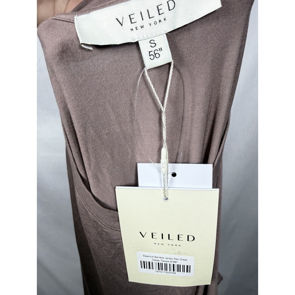 Veiled New York Essential Bamboo Jersey Maxi Dress Deep Taupe S 56" Tie Back - Picture 12 of 15